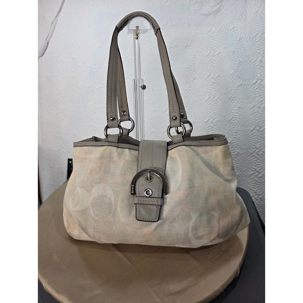 Coach Soho Optic Linen Signature E/W Flap Shoulder Bag Women Medium Grey Good